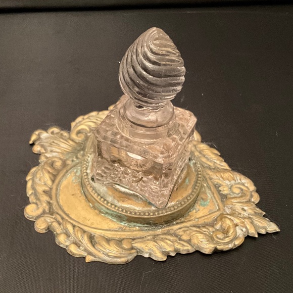 Brass Heart Tray with Attached Glass Inkwell - Picture 1 of 3